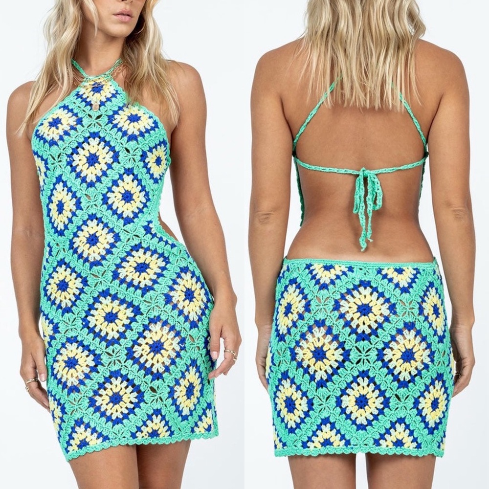 Princess Polly Natalee Crochet Mini Dress Blue Green Festival Beach Cover Up M/L